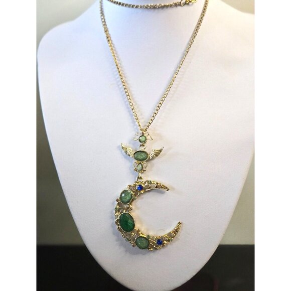 Pendant Necklace Golden Filigree Big Crescent Moon Green Blue Rhinestones - Picture 4 of 5
